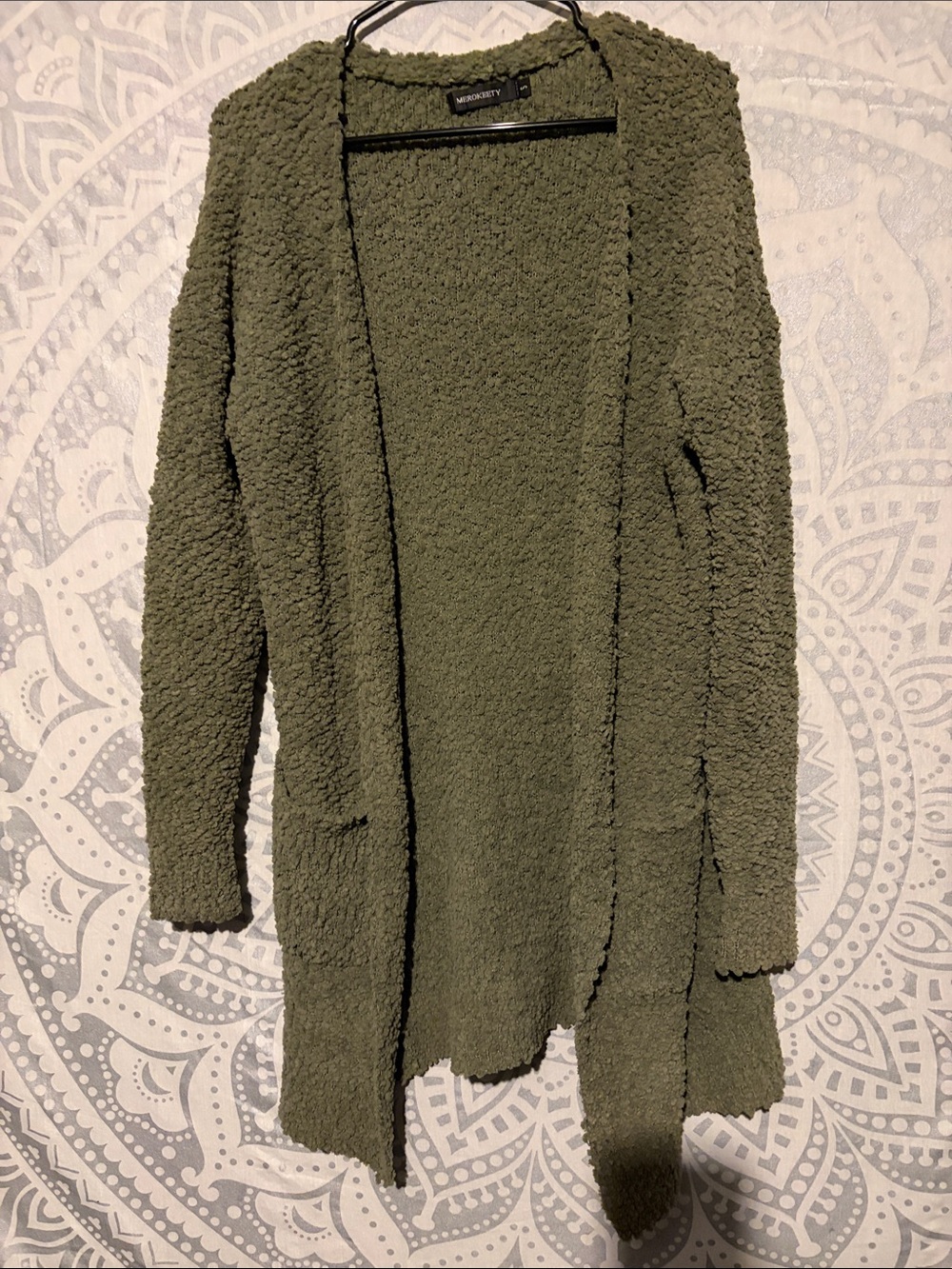 MEROKEETY Open Front Fluffy Popcorn Knit Cardigan Olive Small